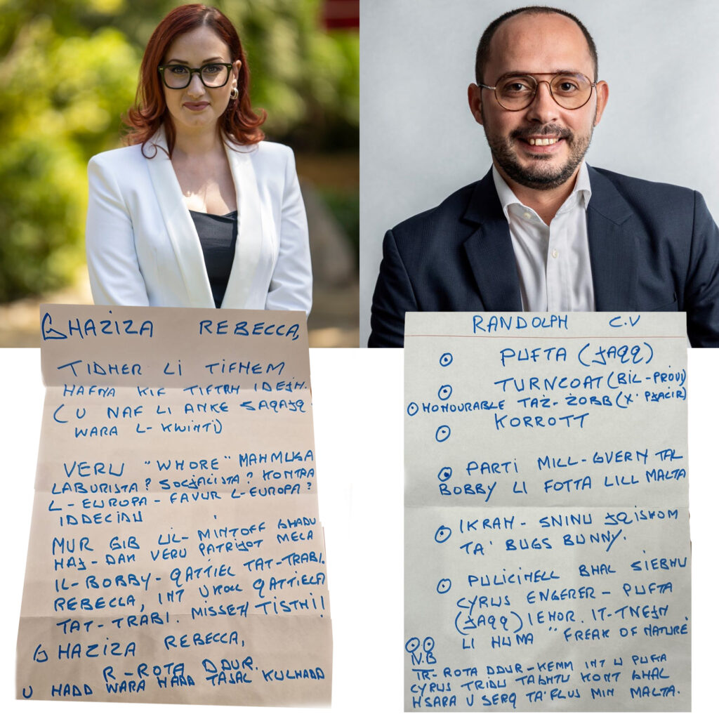 Rebecca Buttigieg (sx) e Randolph De Battista (dx) con le rispettive lettere minatorie ricevute - @Facebook R. Buttigieg e Randolph De Battista